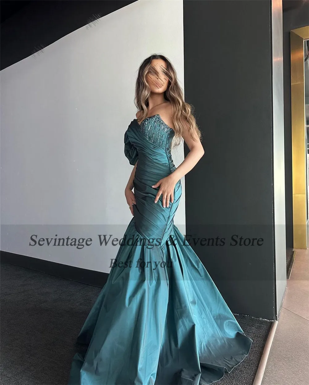 Customized Teal Blue Saudi Arabic Taffeta Evening Dress Mermaid One Shoulder Formal Women Prom Party Gown Special Occasion Dress