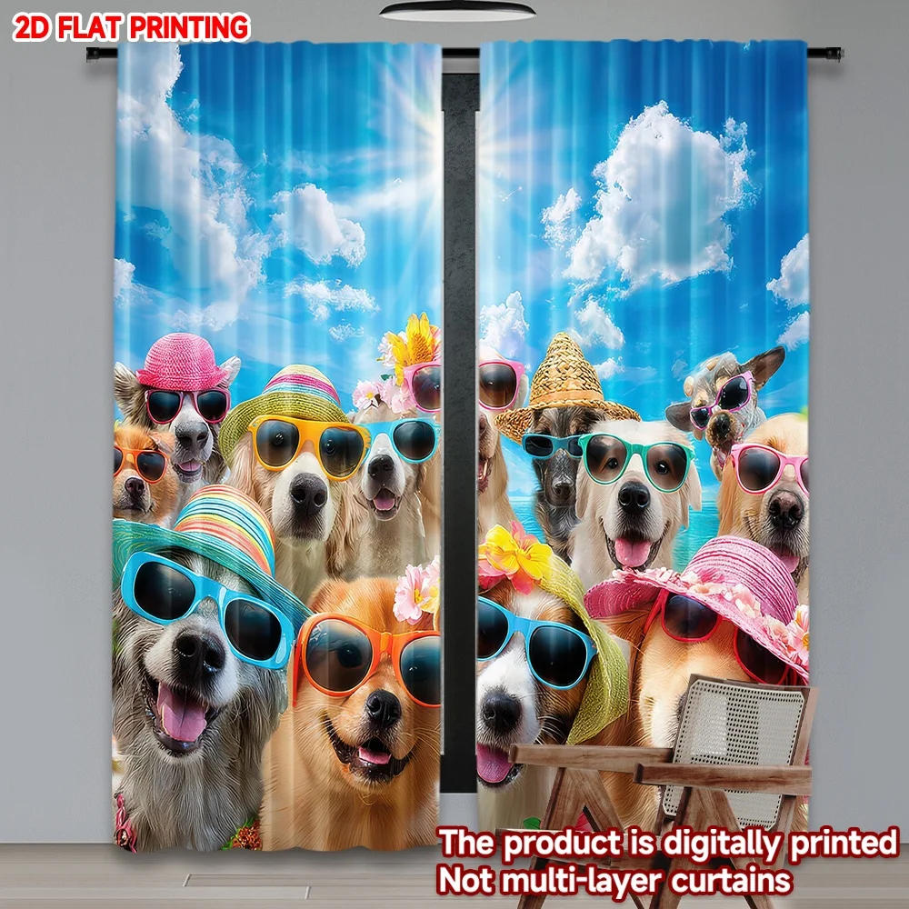 

2D flat printing 2pcs Party Window Curtains Summer Dogs with Sunglasses Digital Printed Polyester Drapes Birthday Party Perfect