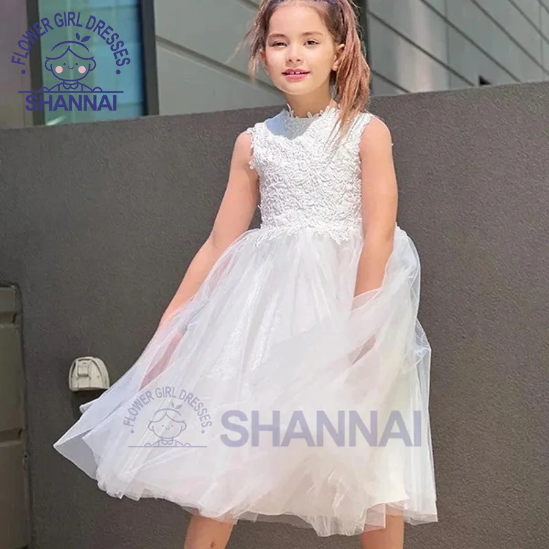 2023 White Lace Back Hollow Knee Flower Girl Dress for Wedding Evening Party Kids Formal Princess Junior Bridesmaid Dress