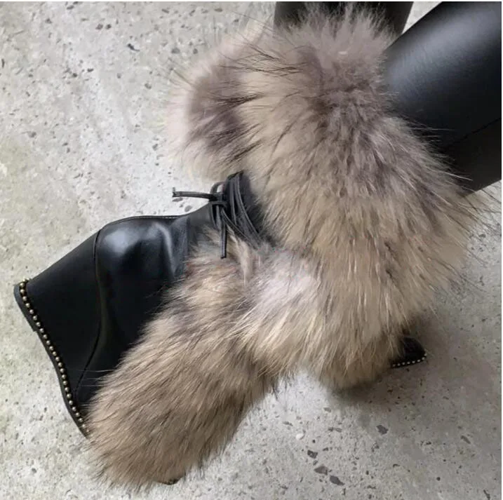 Stylish Real Raccoon Fox Fur Pointy Wedge Ankle Boots Ladies Rivets Trim Sole Lace-Up Suede Wedged Heel Fluffy Fur Boots Women