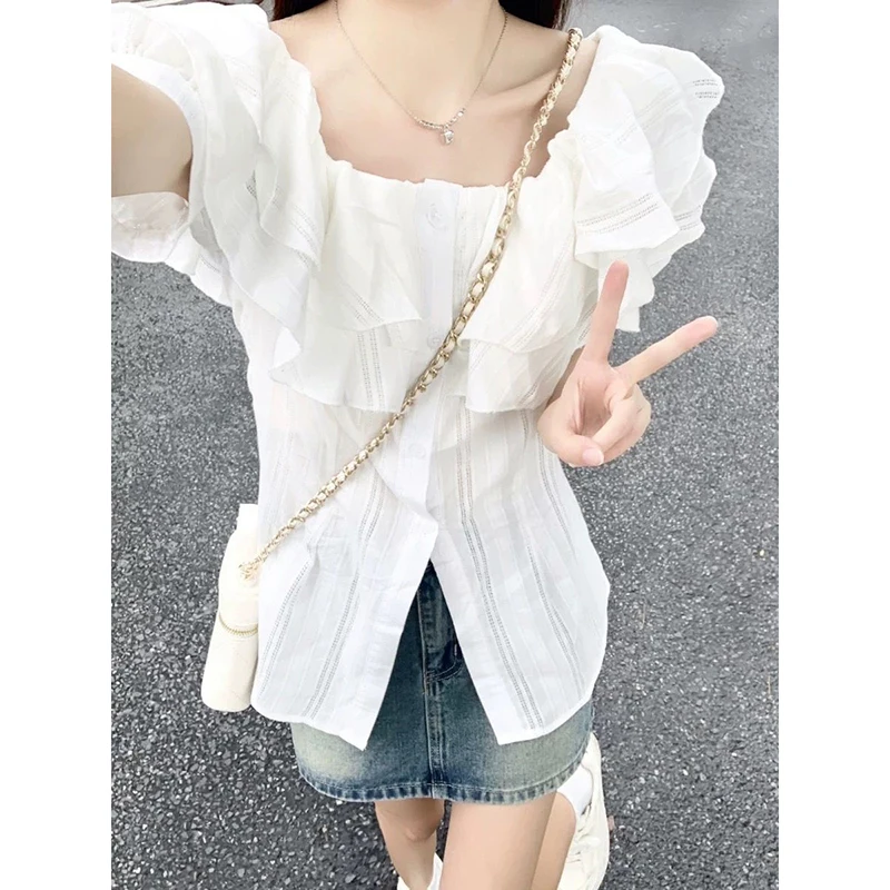 Stunning One-oulder Ruffle Sve irt Women's Slim Fit Sweet Sli Summer Top Korean Sle Commute Faion Pure Color