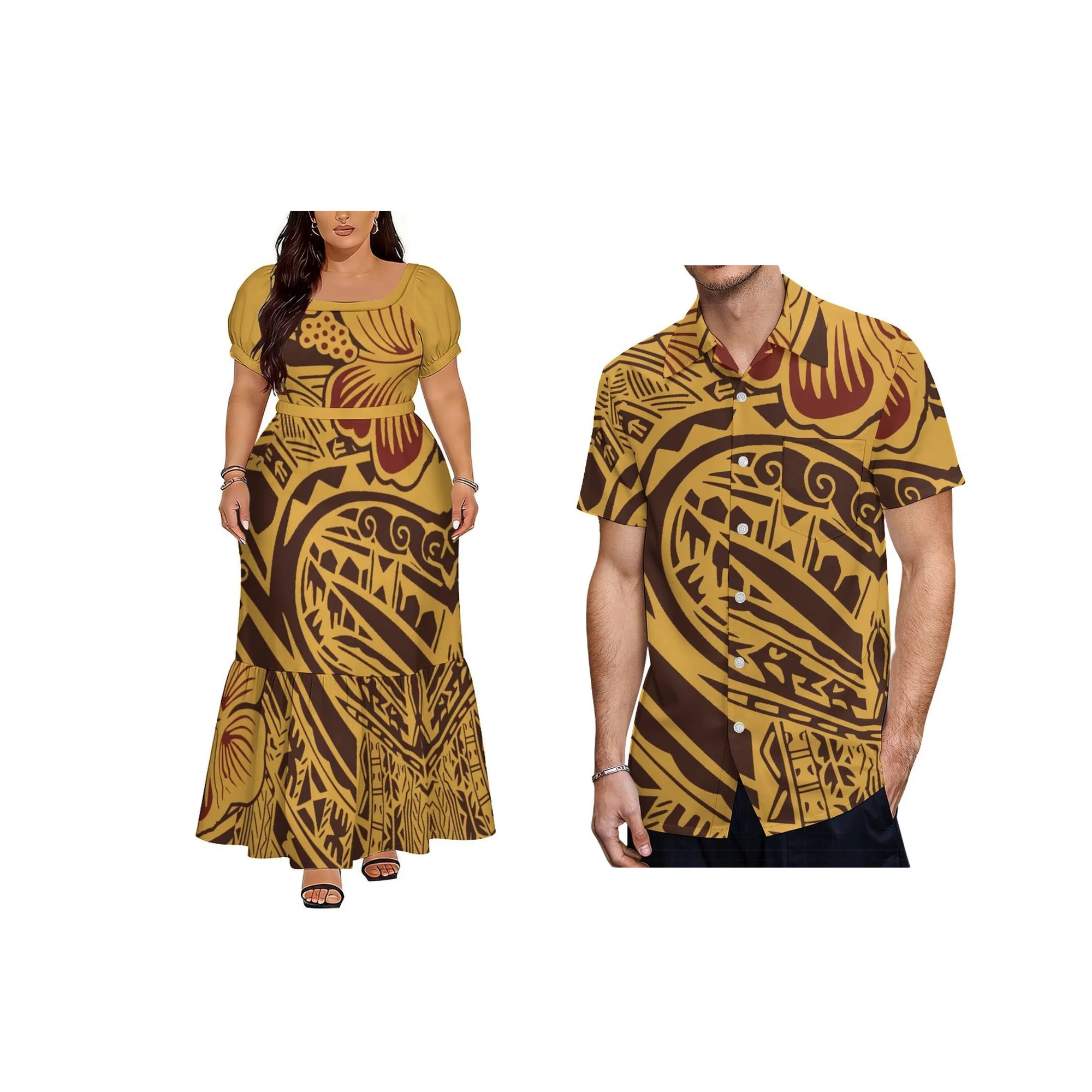 Big Size Polynesian Design Ladies Long Dress Hawaii Short Sleeve Square Collar Evening Dress Drop Shipping