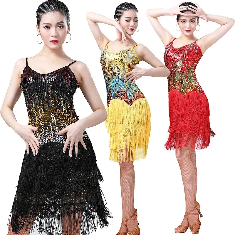 Women Shiny Dance Dress Tassel Ballroom Latin Salsa Tango Spaghetti Strap Dress Colour 7