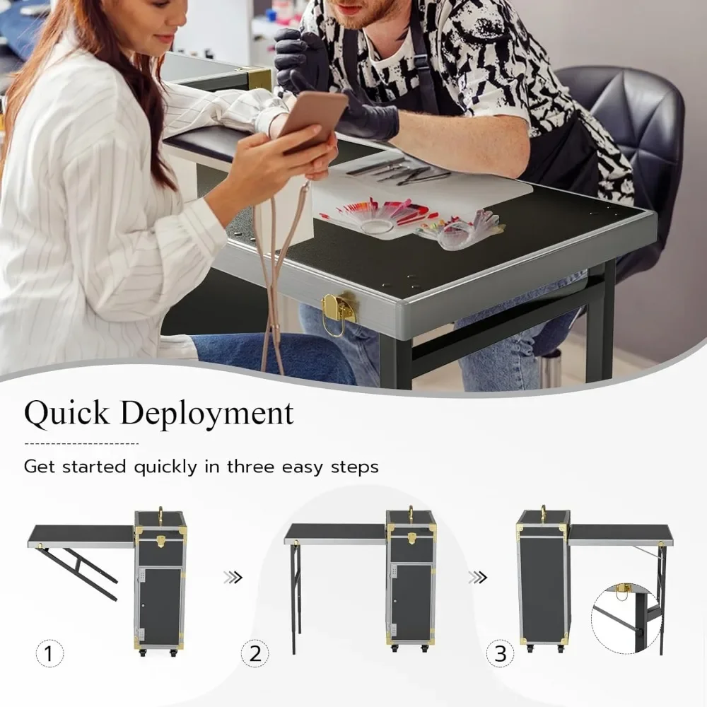 Rolling Manicure Table Makeup Station w/Bluetooth Speaker, Portable Nail Desk for Nail Teach, Foldable Traveling Nail Desk