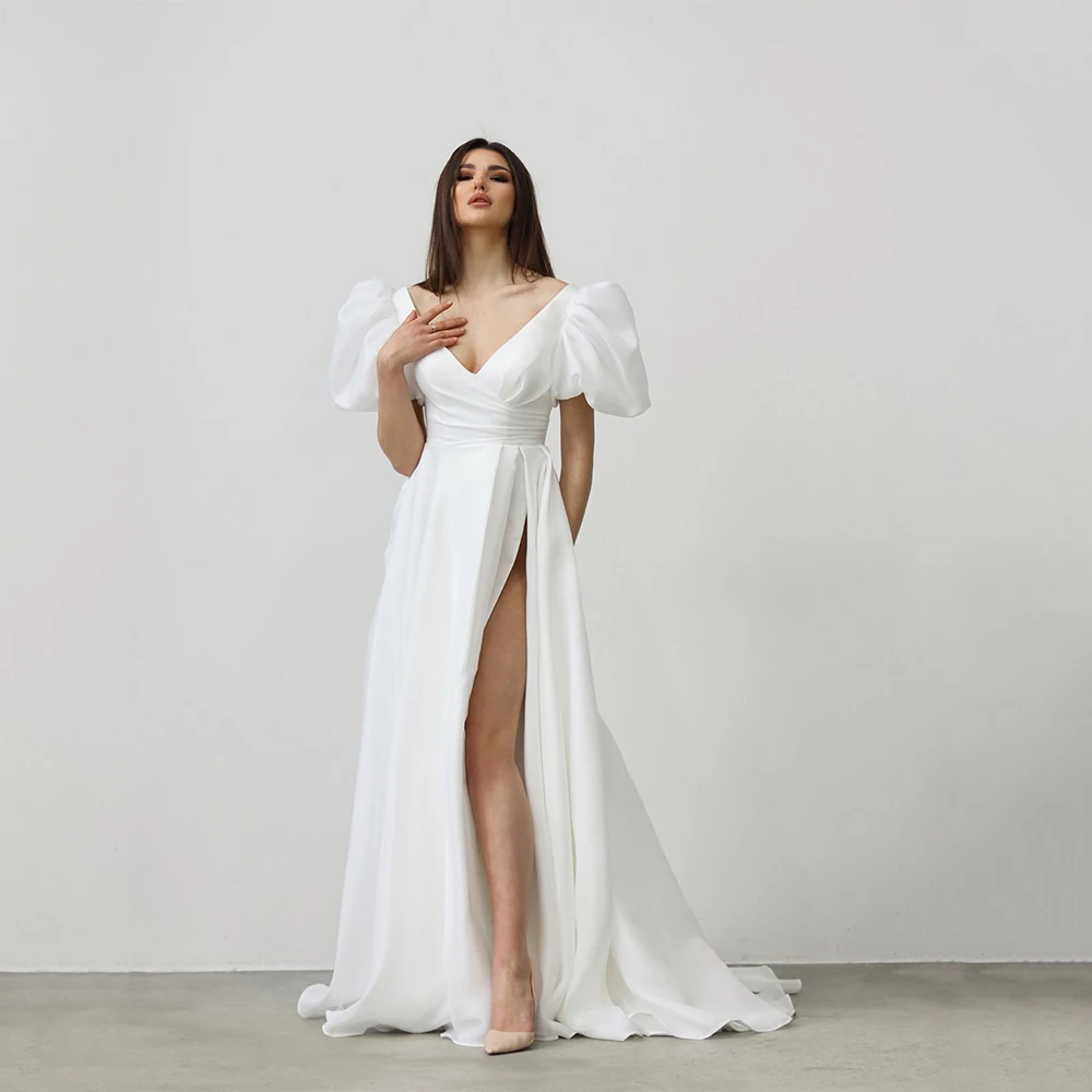 

Sexy V Neck Ivory Organza Satin Wedding Dress For Bride A Line Wedding Gowns Short Puff Sleeves Long Bridal Dresses