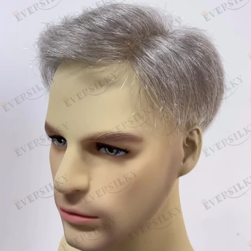 1B65 1B80 شعر بشري رمادي للرجال شعر مستعار خط شعر طبيعي متين كامل الجلد قاعدة رجل الباروكات 120 الكثافة 30 مللي متر وحدات نظام الشعر المموج #2