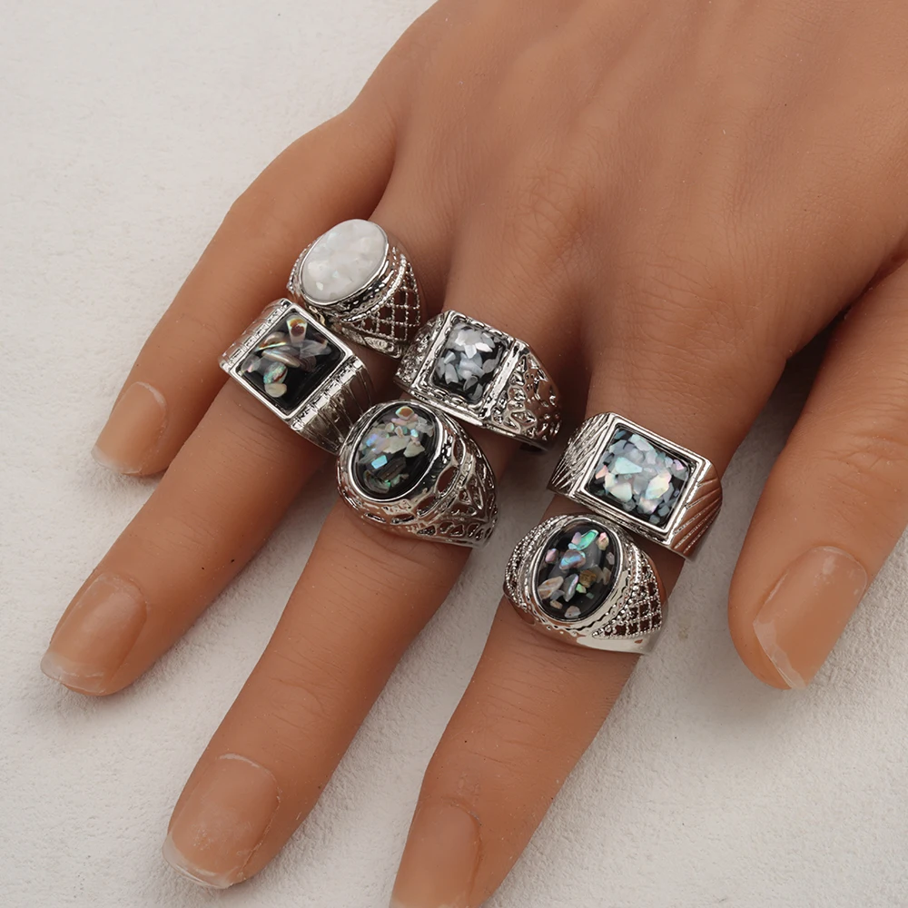 20 Pcs/Lot Imitation Nature Square Oval Cameo Shell Stone Rings for Men Fashion Wholesale Party Jewelry Size 19-23mm