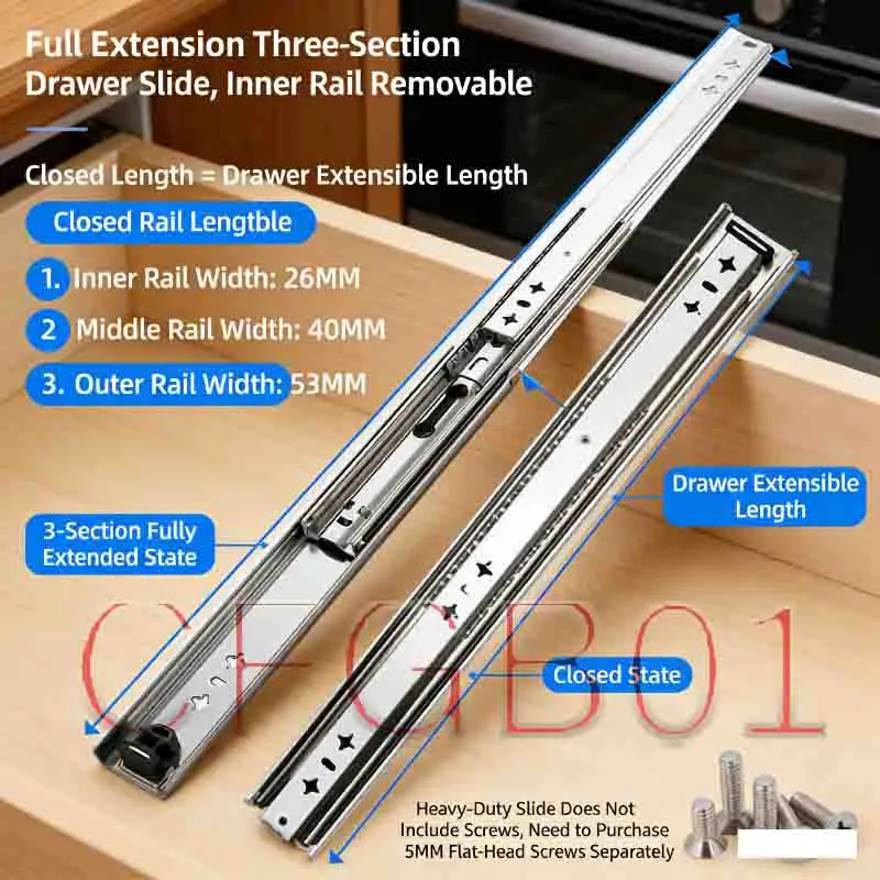 

53mm 3 Section Heavy Duty Damping Buffer Guide Rail Industrial Thick Load Bearing Slide Locking Drawer Track RV Part