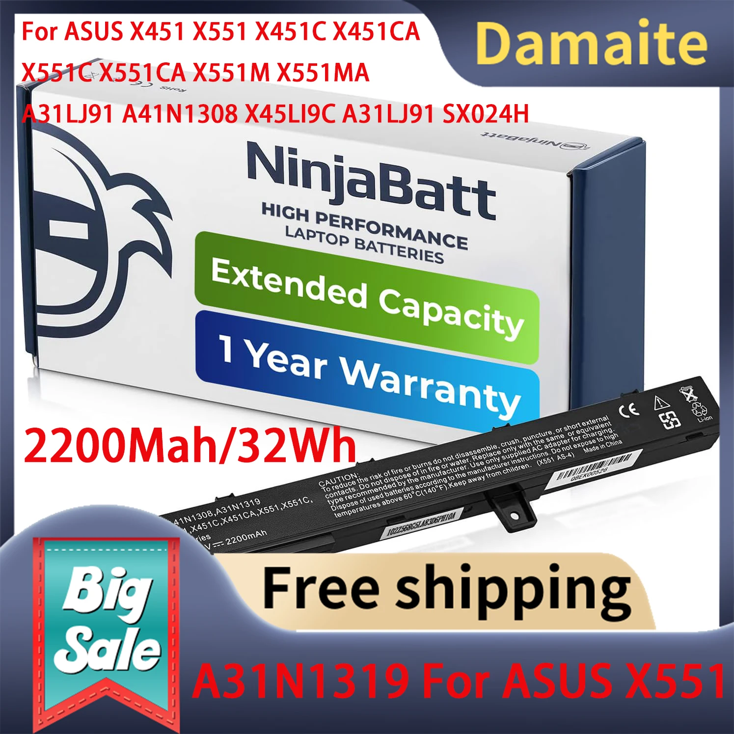 

Damaite 4Cell 14.4V A31N1319 Laptop Battery For Asus X551 X551M X551C A41N1308 X551MA D550 X551CA A31LJ91 X451 X451C