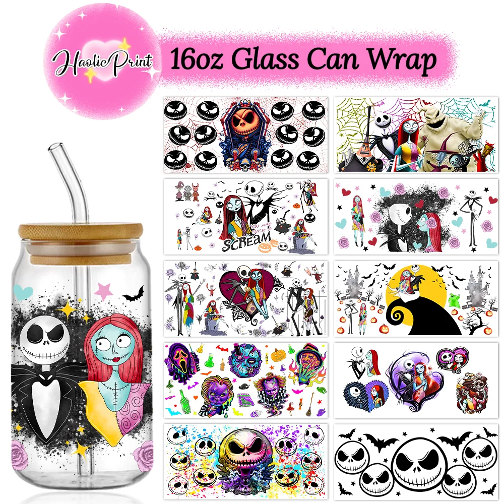 Jack Sally-pegatinas autoadhesivas de Halloween, envoltorio de taza UV DTF, lata de vidrio de cerveza, autoadhesivo lavable, caras terroríficas de