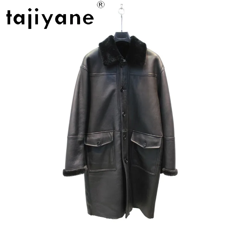 TAJIYANE Natural Sheep Shearling Real Fur Coat Women Winter Trench Coats Outerwear Lapel Overcoat Black Fur Jacket Warm Пальто