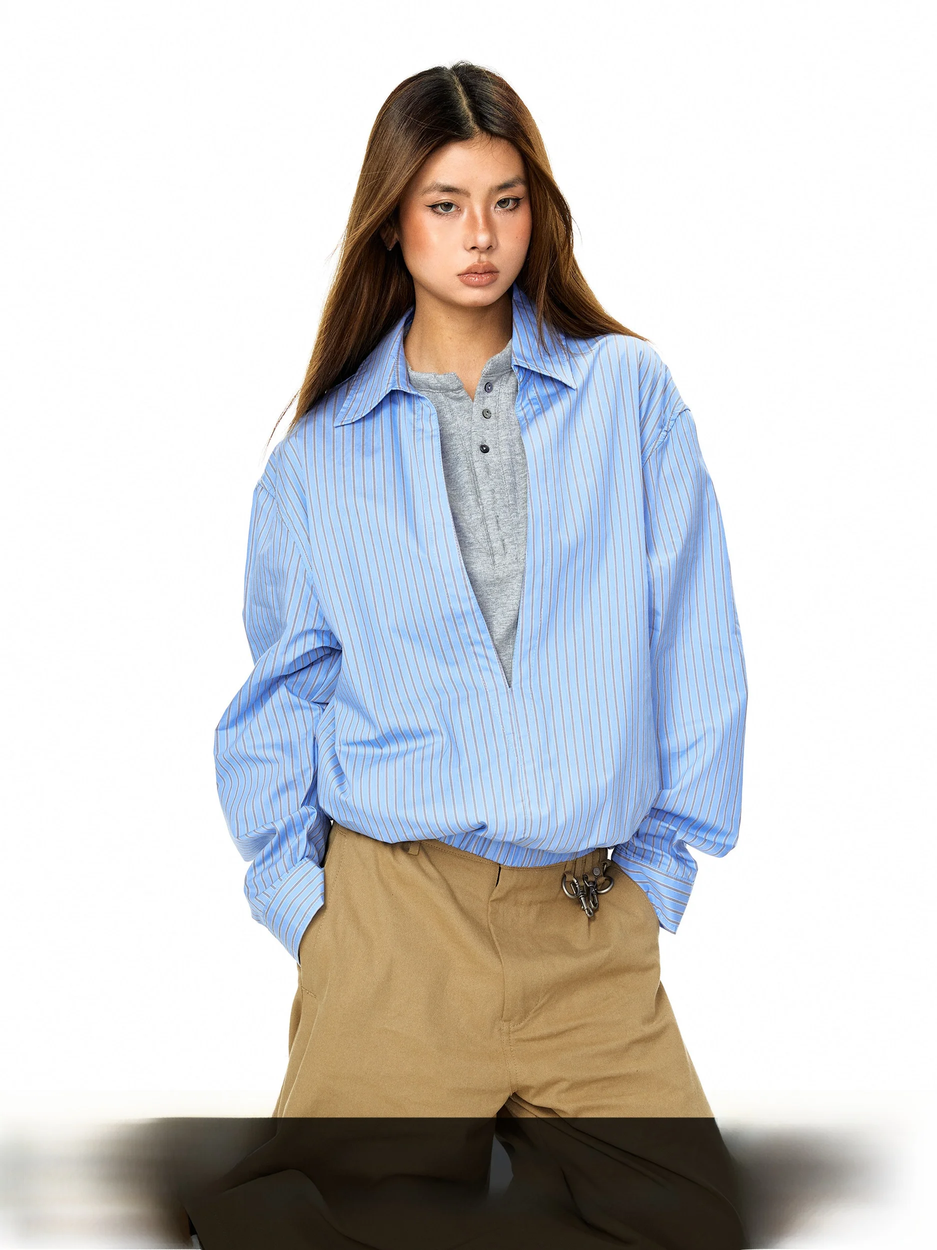 

Blabb Women's Loose Long Sve Stripe irt Spring New Sle High nce Sensation Commute Simple Top Fake Two-Piece