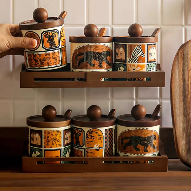 Mid-century Ceramic Spice Jars, Large Capacity Soy Sauce,Vintage Countertop Organizer with Wooden Stand, Kitchen Essentials