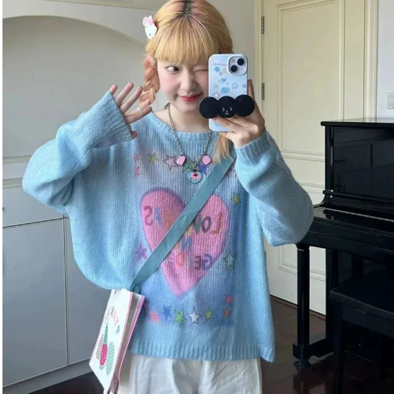 

Вязаный пуловер с милым принтом, женский свободный тонкий свитер с круглым вырезом, весна-лето 202, повседневные солнцезащитные топы с длинными рукавами