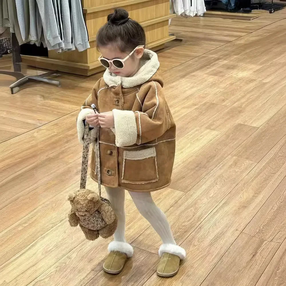 Girls Khaki Fashion Coat 2024 New Winter Lamb Fleece Double Fur One Thick Coat Korean Simple Style Clothes Simple Casual Top