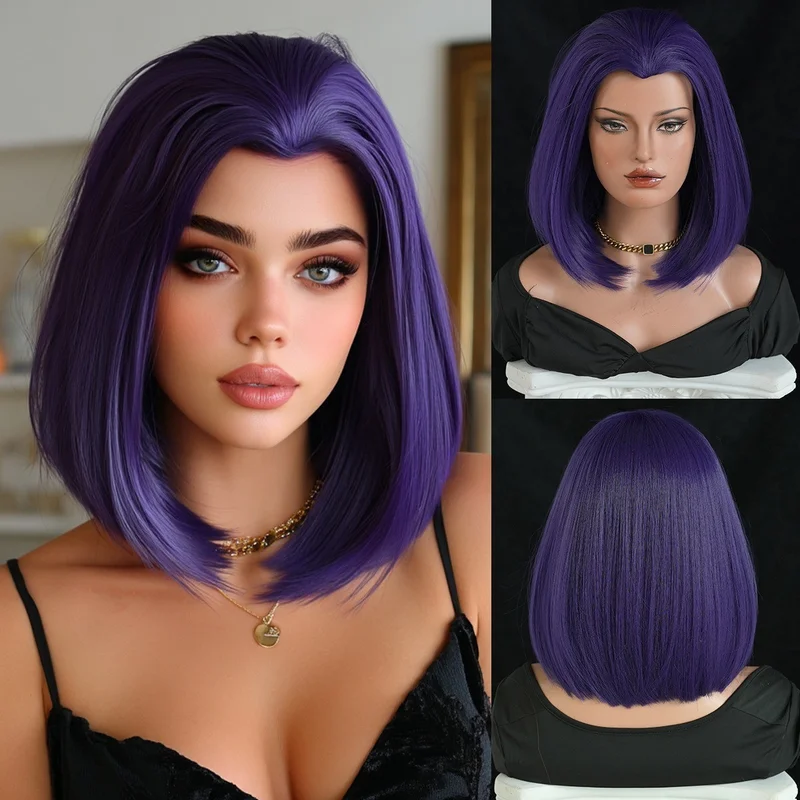 purple short straight hair wearing dark magic girl outfit with wig