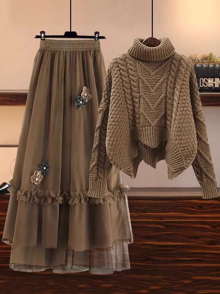 

Autumn Winter High Ne Knitted Sweater And Me f Skirt Two Piece Set Women's Faion Slimming Ensemble Retro Sle