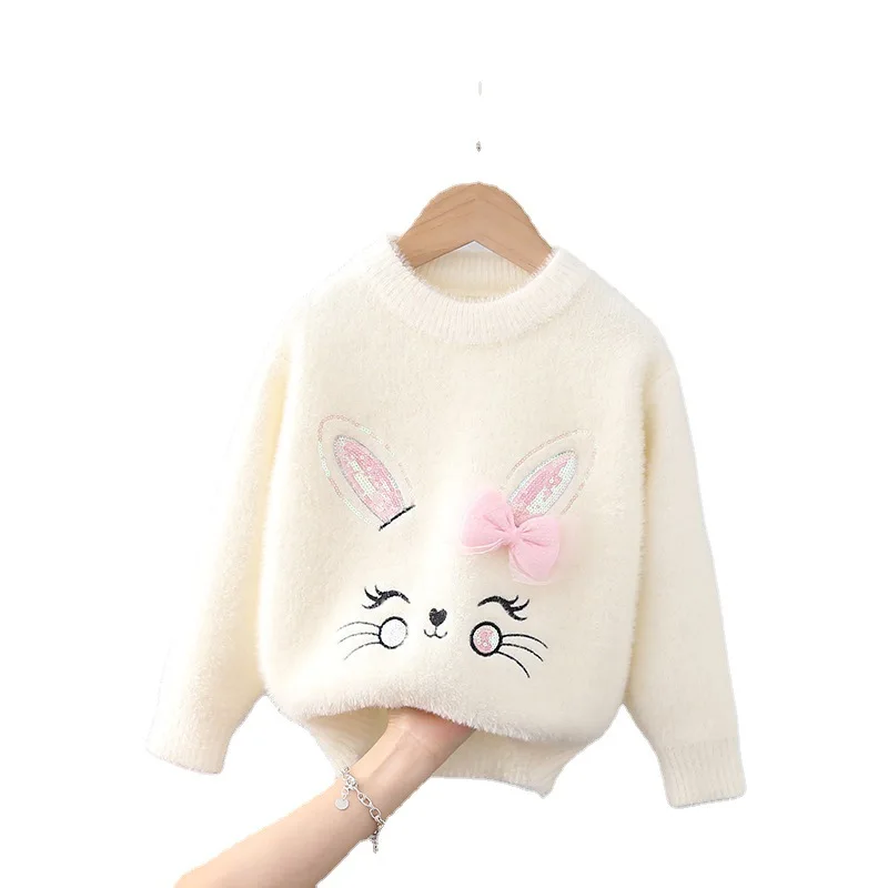 Girls Sweaters Baby Clothes Soft Smooth Flocking Pullover Bunny Bowtie Winter New Rabbit Children Knitted Sweater Child