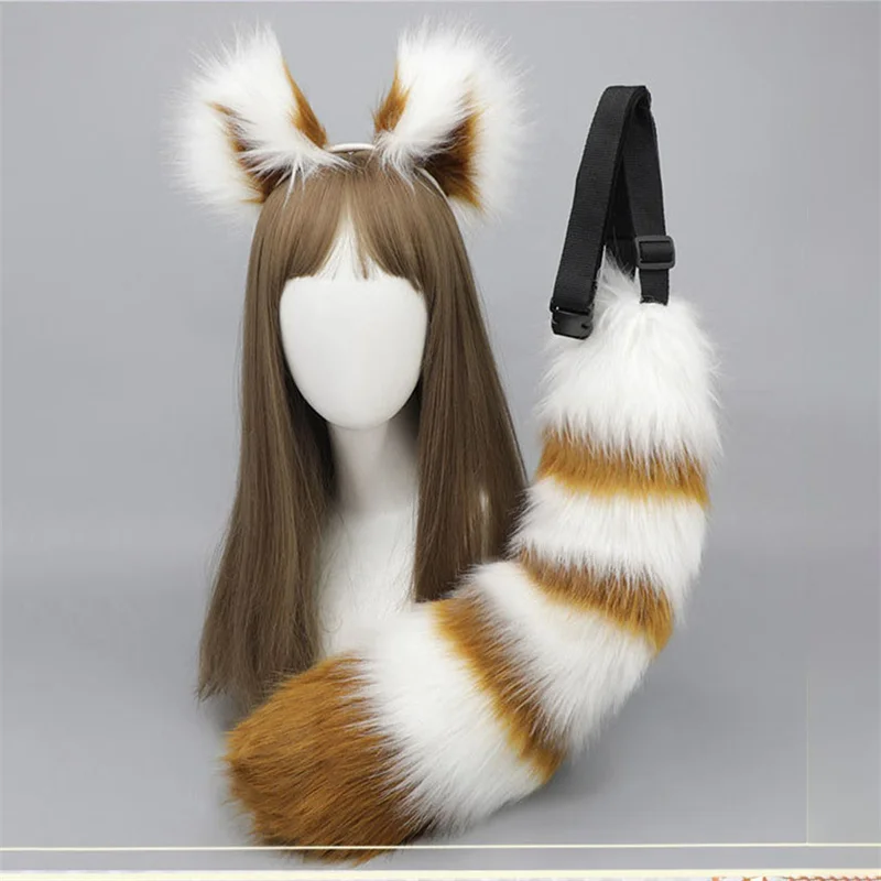 

2pcs/set Raccoon Red Panda Ear Tail Set Headband Furry Hairband Headpiece Anime Fancy Dress Cosplay Beast Cat Ear Tail Fursuit