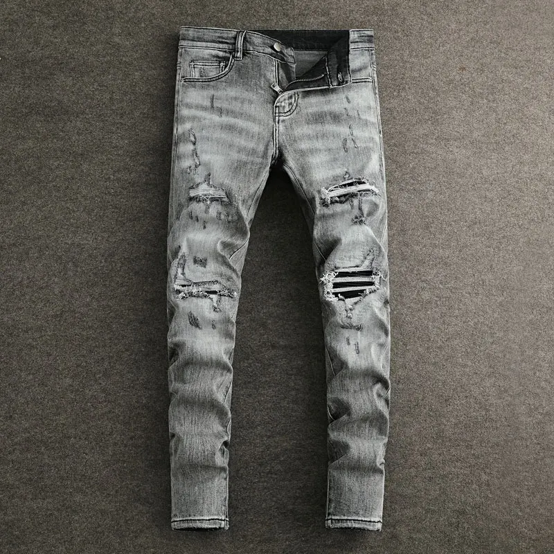 

High Street Fashion Men Jeans Retro Gray Stretch Skinny Fit Leather Patched Ripped Jeans Men Brand Designer Hip Hop Denim Pants