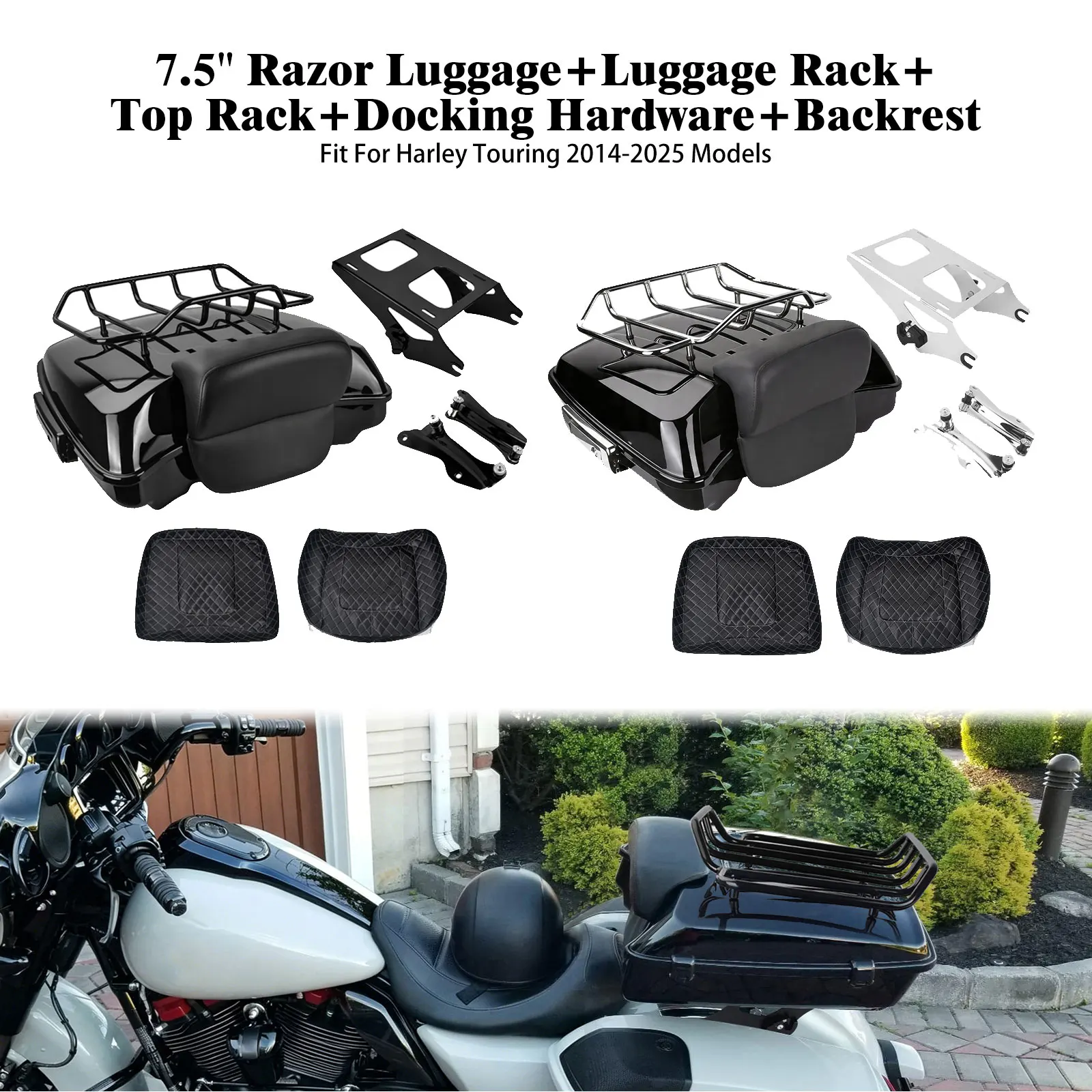 7.5'' Razor Luggage Set Motorcycle Trunk Backrest Mounting Rack Kit For Harley Touring 14-25 Road Street Electra Glide Tail Box