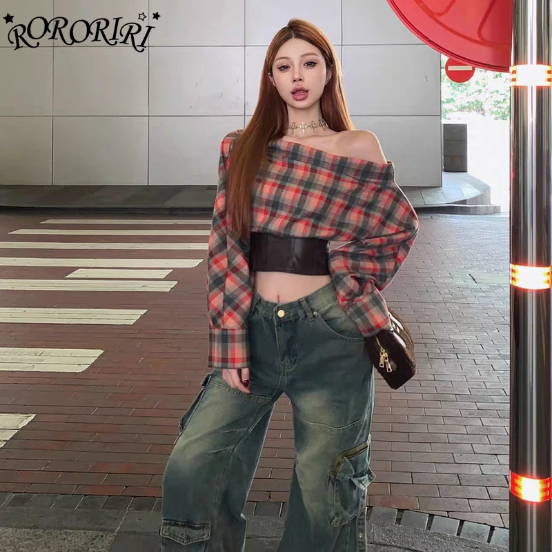 RORORIRI Red Plaid Stitch Leather One-shoulder Top Women Multi-wear Autumn Long Sleeves Zip-up Slim T-shirt Grayu Retro Clothes