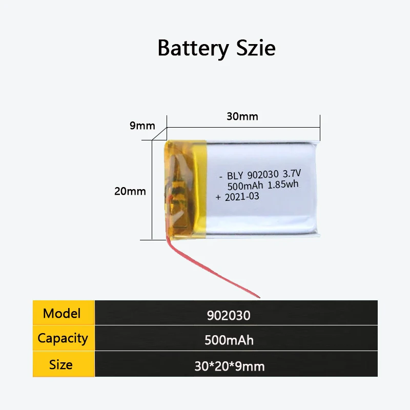 902030   polimerowy akumulator litowo-jonowy 3,7 V 500 mAh do elektroniki użytkowej zabawki diody LED głośniki bluetooth