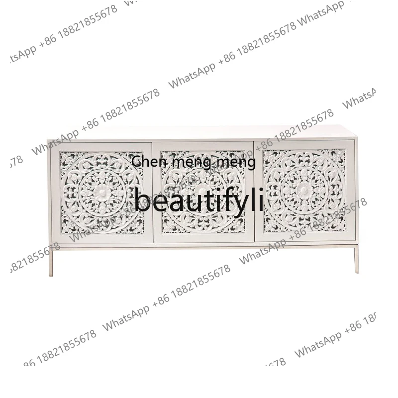 

American antique white solid wood hollow carved TV cabinet high European classical living room entrance cabinet locker H