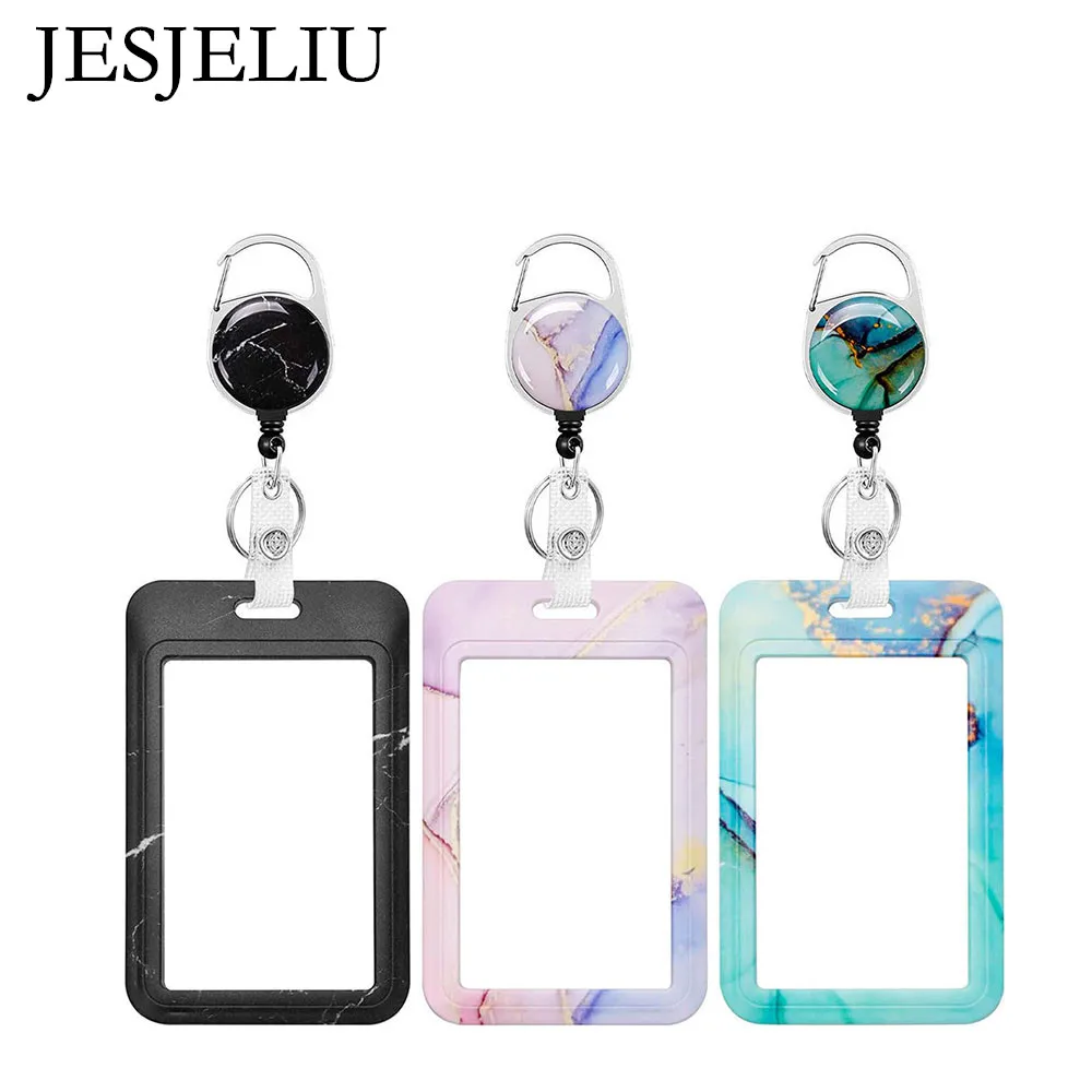 

New Marble Badge Holder ABS Plastic Carabiner Retractable Badge Reel Clips Student Nurse Card Badge Holder ID Card Name Keychain