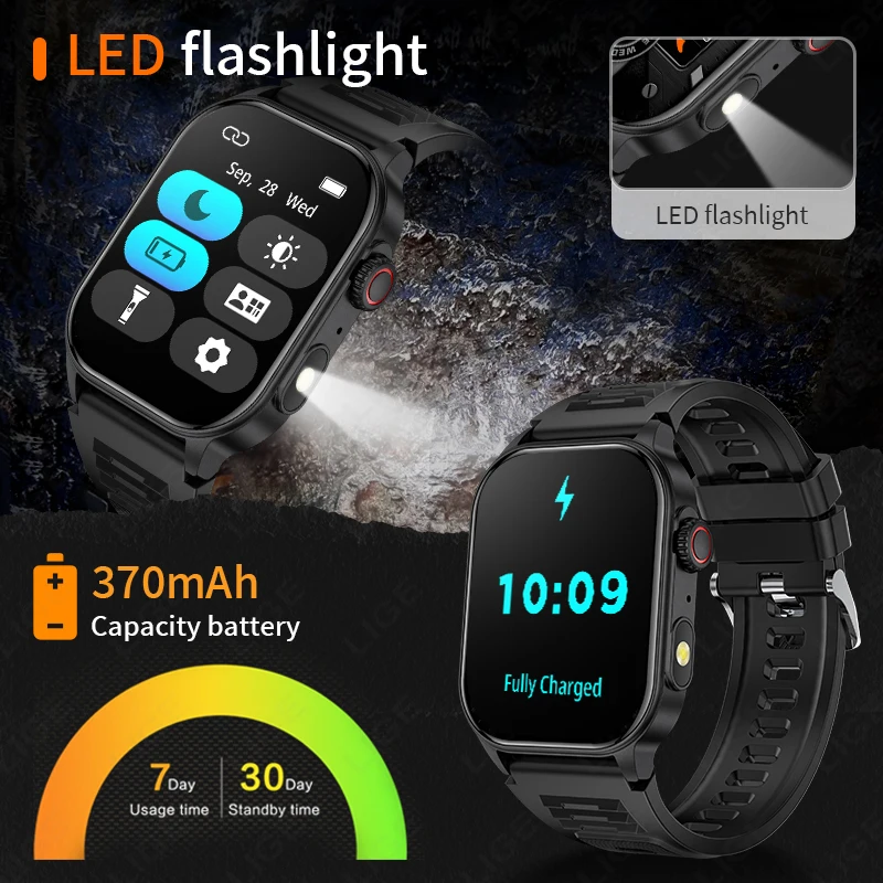 LIGE Smart Uhr Männer Bluetooth Anruf Benutzerdefinierte Uhr Zifferblatt Sport Fitness LED Taschenlampe Militär IP68 Wasserdichte AI Stimme Smartwatch