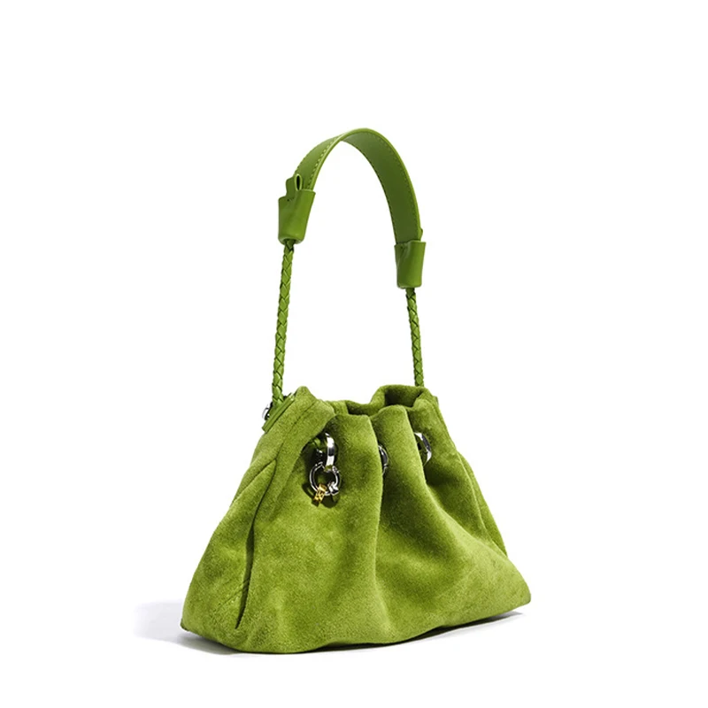 Designer-Umhängetasche aus Rindsleder und Wildleder, Glückshandtasche aus echtem Leder mit Kordelzug, lässige Cloud-Plissee-Umhängetasche für Damen – Detail 5