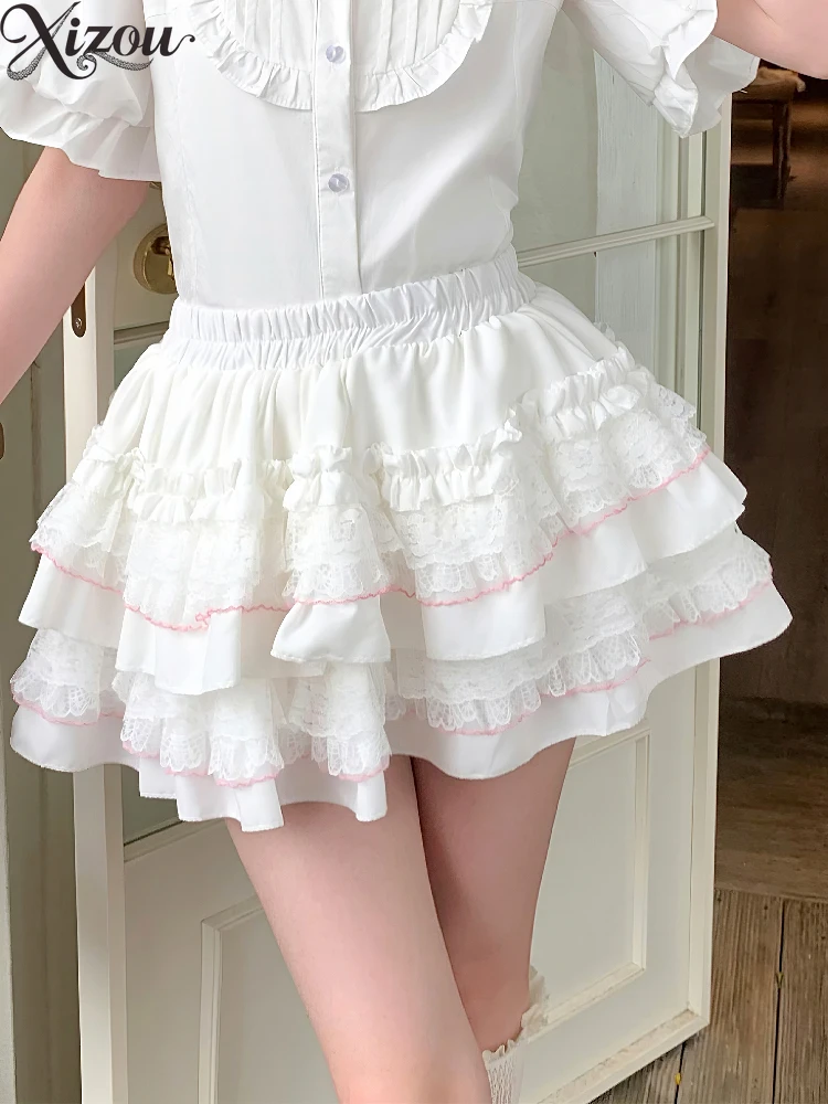 

2025 White Lace Cake Skirt High Waist Slim Mesh Fluffy Short Girl Japanese Kawaii Lolita Sweet Cute Ruffles Fairy Harajuku Mini