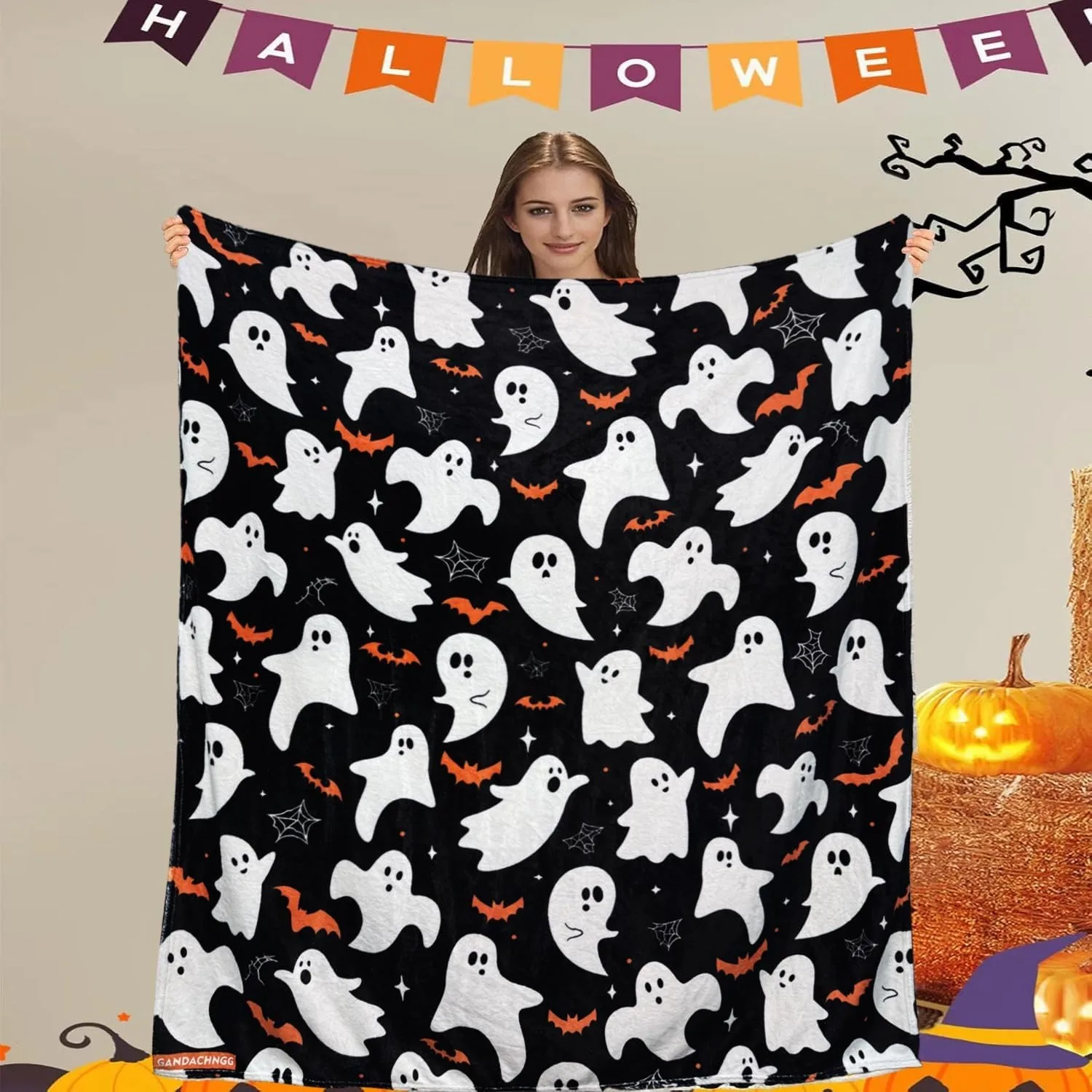 1PC Halloween-Thema-Überwurfdecke, niedlicher Geist, orangefarbene Fledermäuse, dünne Decke, Geschenke für Couch, Bett, Auto, Zuhause, Camping, alle Jahreszeiten