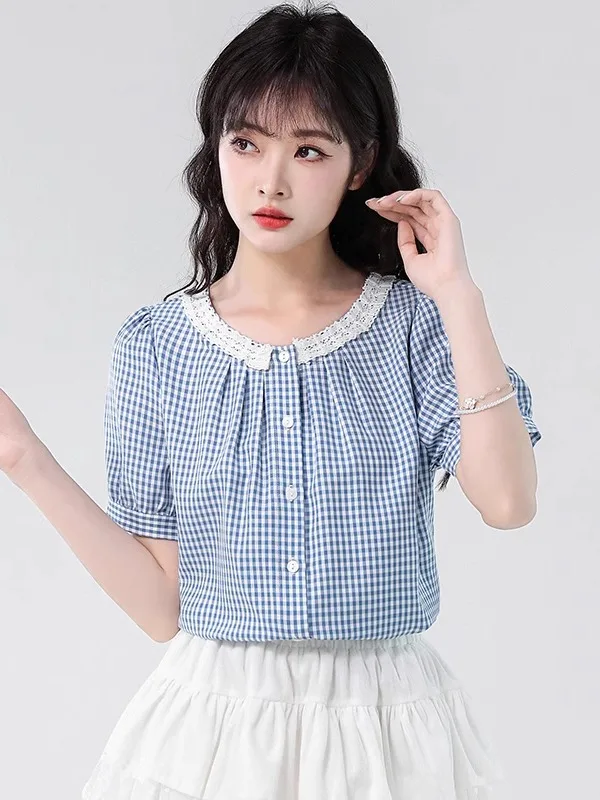

Blue Plaid Bubble Sve round Ne irt Women's Summer New Design Sensation Fre Sweet Anti-Aging Polyester Fiber Top