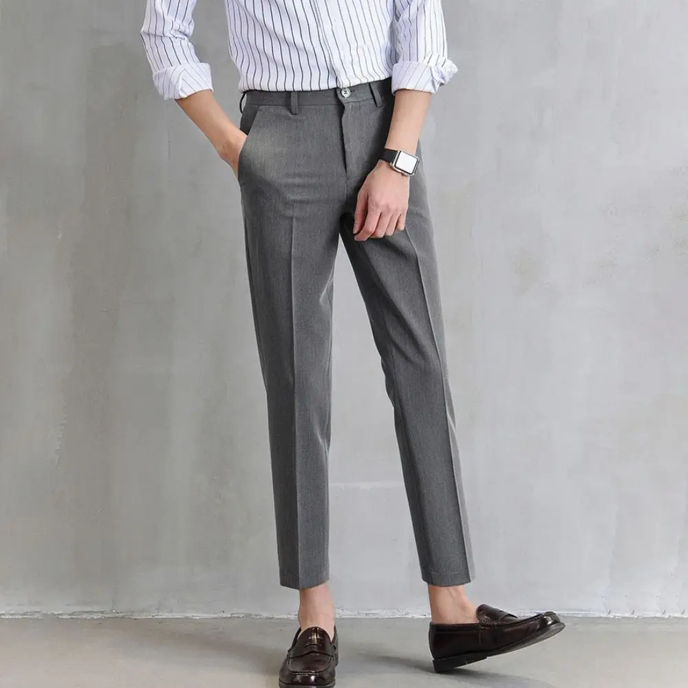Cropped Pants Business Suit Pants Thin Solid Color Men's Formal Pants Straight Casual Trousers Classic Suit Pants Male