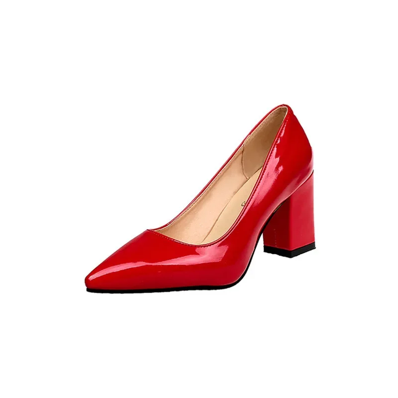 luxury Women Red Pumps Black 7.5cm High Heels Lady Patent Leather Shallow Thick Heel Autumn Pointed Shoes Slip-On Female Shoes