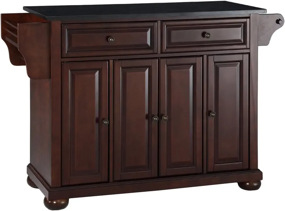 Alexandria Granite Top Rolling Kitchen Island Storage Cart, Microwave Stand, Spice Rack, Mahogany