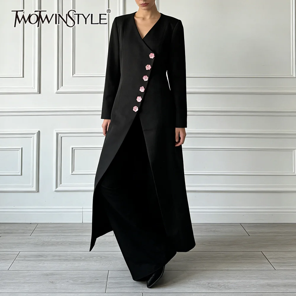 

TWOTWINSTYLE Gray Spliced 3D Flowers Jacket Female O Neck Long Sleeve Loose Elegant Office Women's Jackets Autumn Fashion New