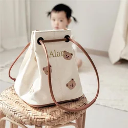 Personalized Name Cute Little Bear Embroidered Bucket Bag One Shoulder Canvas Bag Organ Handheld Mommy Bag