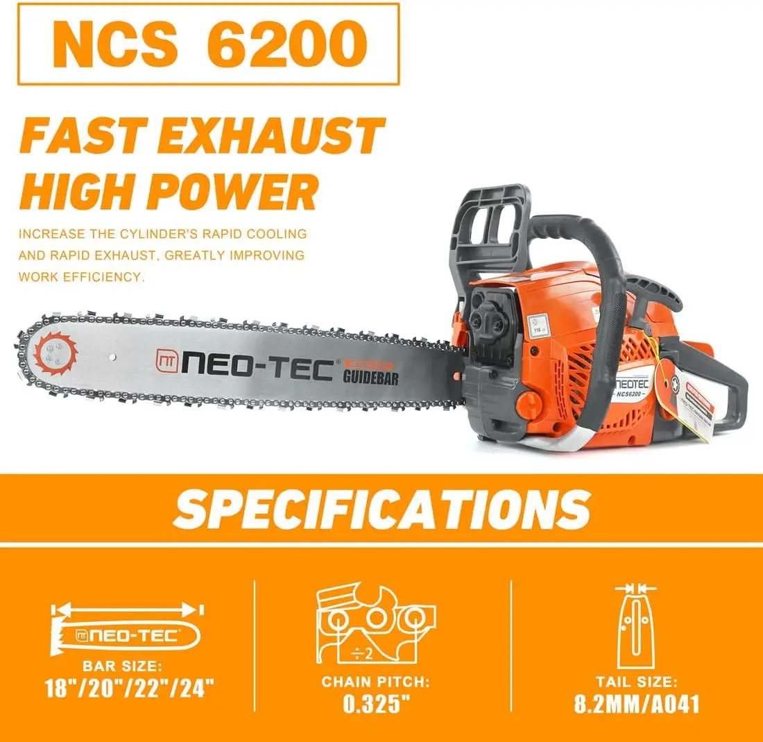 20 Inch Chainsaw, 62CC Power Chain Saws Gas Powered 2 Stroke Handed Petrol Gasoline Chain Saw for Cutting Wood Outdoor