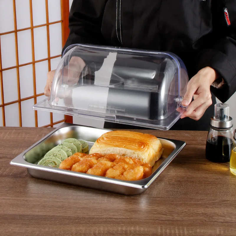 Dust Lid Rectangle Flip Plate Buffet Stainless Steel Display Plate Fruit Cake Dim Sum Tray with Lid