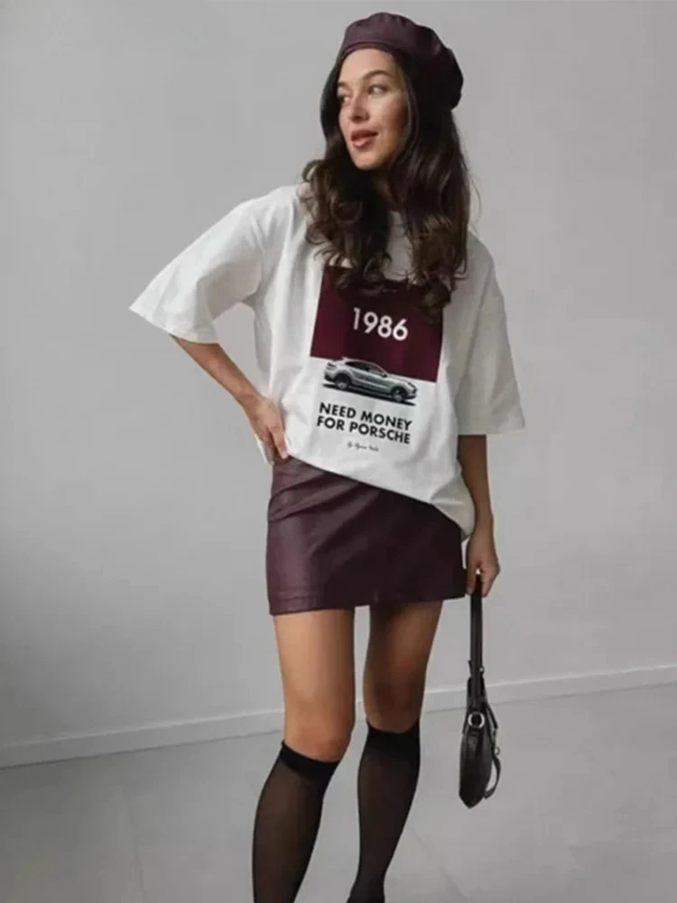 Women Letter Print Cotton T-shirts Loose Short Sleeve O Neck T-shirt Spring Summer New Lady All-match Basic Top Streetwear 2025