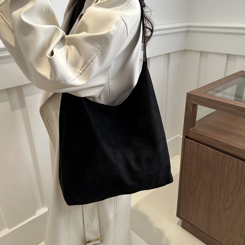 Vintage Damentasche, große Kapazität, Wildleder-Umhängetasche, einfarbig, schlichtes Design, lässige Pendler-Shopper-Tasche – Detail 13