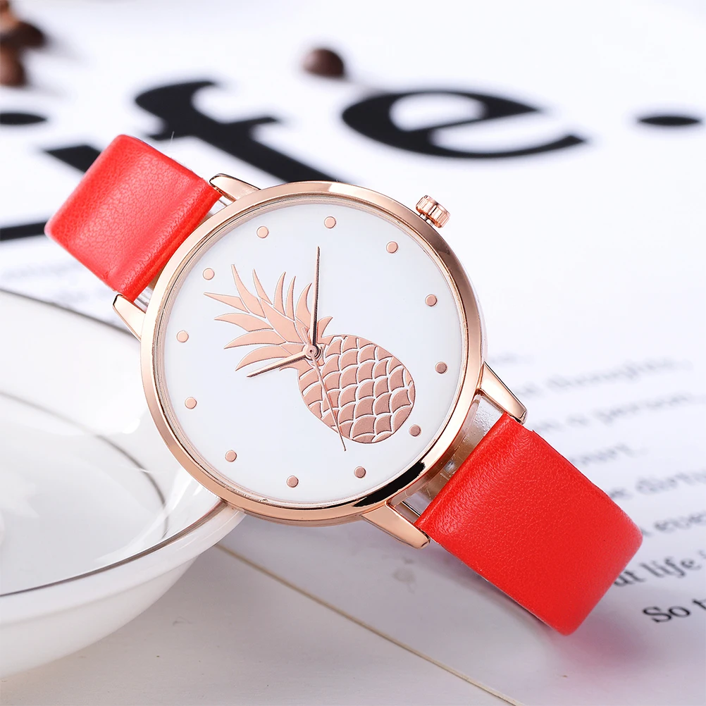 

2pcs Pineapple Pattern Quartz Watch Casual Daily Wear PU Band Glass Student Wristwatch Suitable School Party Dating Long