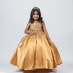 Luxury Printing Wedding Gold Flower Girls Dress Sleeveless Round Neck Brown Leaky Back Elegant Kids Birthday Banquet Dresses