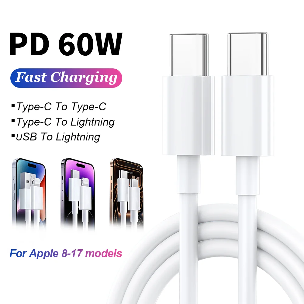 

Кабель для быстрой зарядки USB Type-C PD 60W, Type-C на Type-C, для iPhone 17 Pro Max, Air 16 Plus, 15, iPad, MacBook, быстрый зарядный шнур