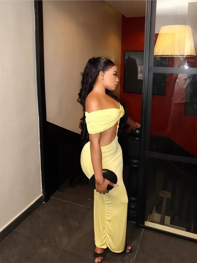 فستان بدون أكتاف للنساء خريفي بأكمام قصيرة بلون سادة فساتين مثيرة أنيقة للحفلات المسائية نحيفة قابلة للتمدد ماكسي Bodycon