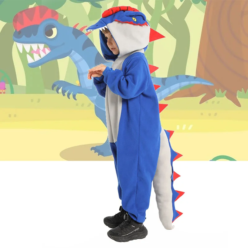 زي ديلوفوسورس الصغير بذلة بقلنسوة زرقاء مع ذيل للفتيات على شكل حيوانات للهالوين زي للأولاد على شكل ديناصور العالم الجوراسي #1