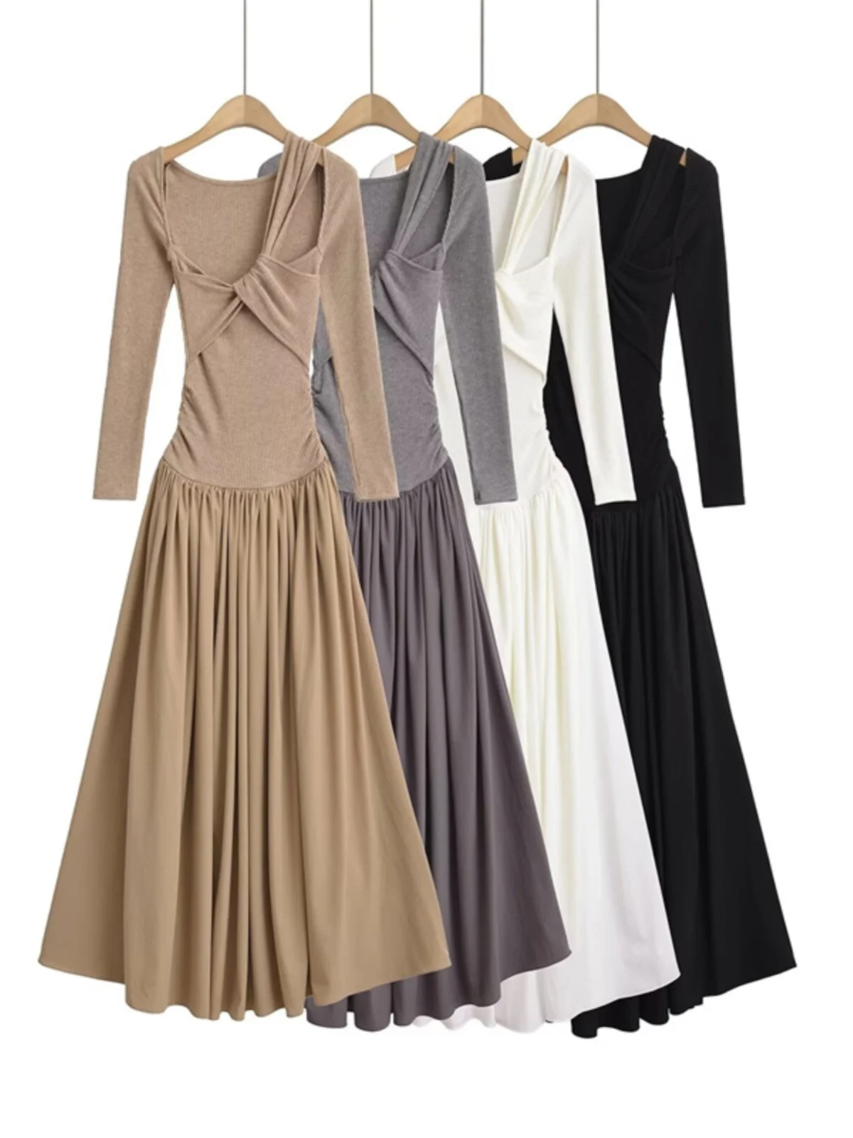 デザインセンセーション アシンメトリーショルダーニットロングスリーブドレス 速乾 スプライス レディースドレス セクシーな雰囲気 ロングドレス