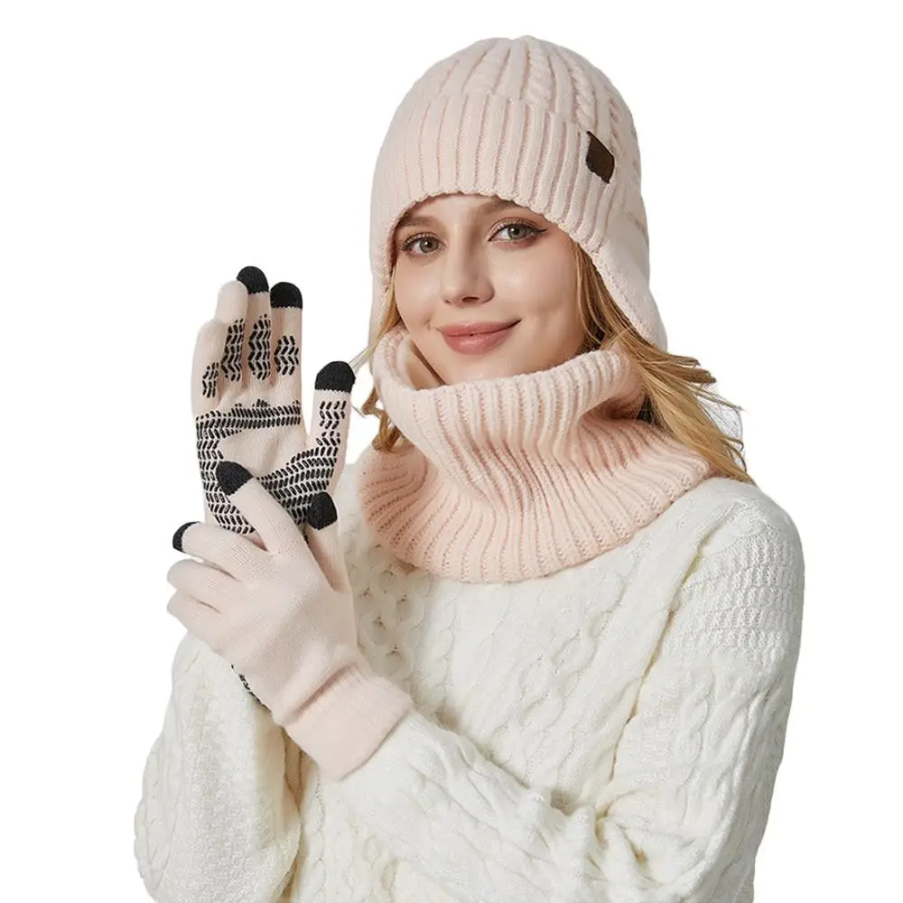 3Pcs/set Winter Warm Beanie Hat Scarf Soft Knitted Fleece Lining Scarves Outdoor Woolen Touch Screen Gloves for Men Women